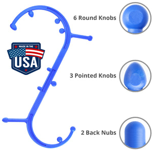 2 Hooks Are Better Than 1- The 2 hooks and 11 knobs (in 3 different shapes) were created to alleviate pain and soreness across the entire body. Unlike single muscle hook designs, the two hooks on the Body Back Buddy let you apply more leverage to more parts of the body. The 3 different shapes include acorns for deep tissue, round for gliding over larger muscle groups, and nubs for the lower back.